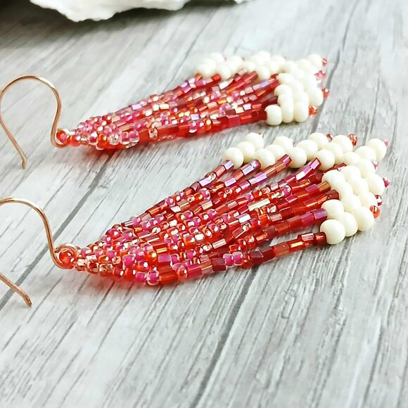 Christmas Beaded Fringe Dangle Earrings, Red & White, 3" - Picture 3 of 8